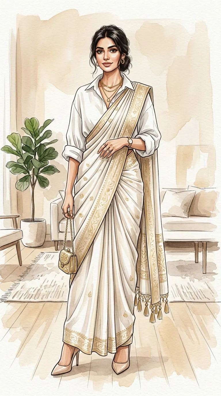 Oversized Shirt with saree Modern look