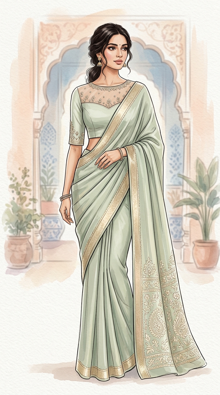 Sheer net modern boat neck designs for sarees