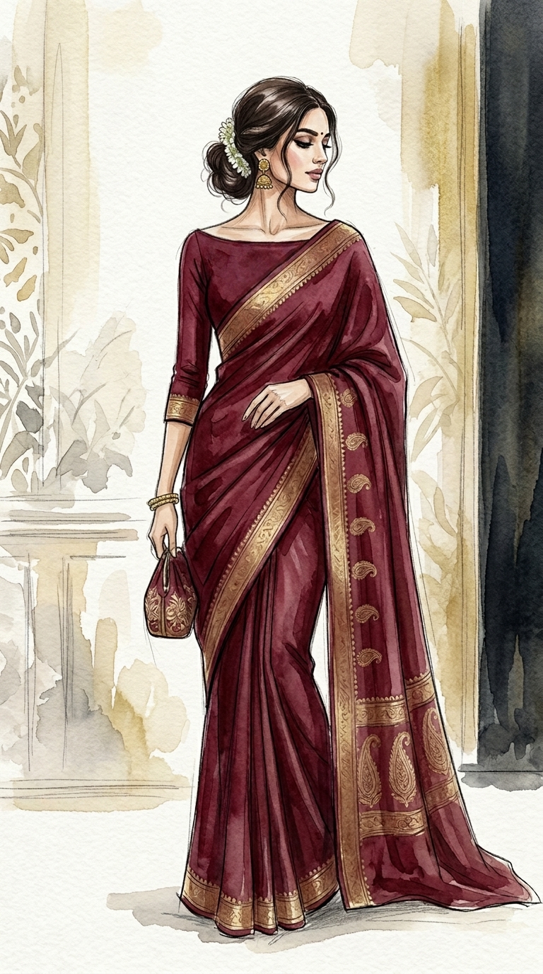 Wide boat neck blouse design for silk saree