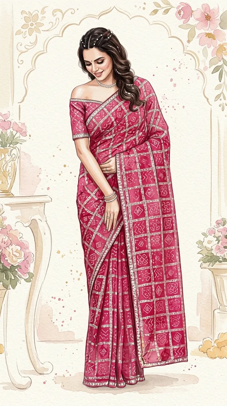 Vibrant Bandhani print saree styled for young women