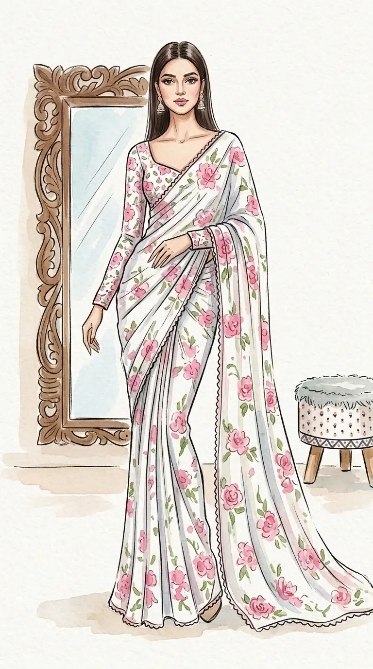 Gen Z girl wearing a trendy floral print saree with a modern blouse