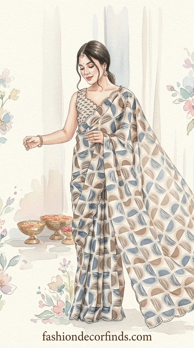 Stylish geometric print saree paired with a trendy blouse