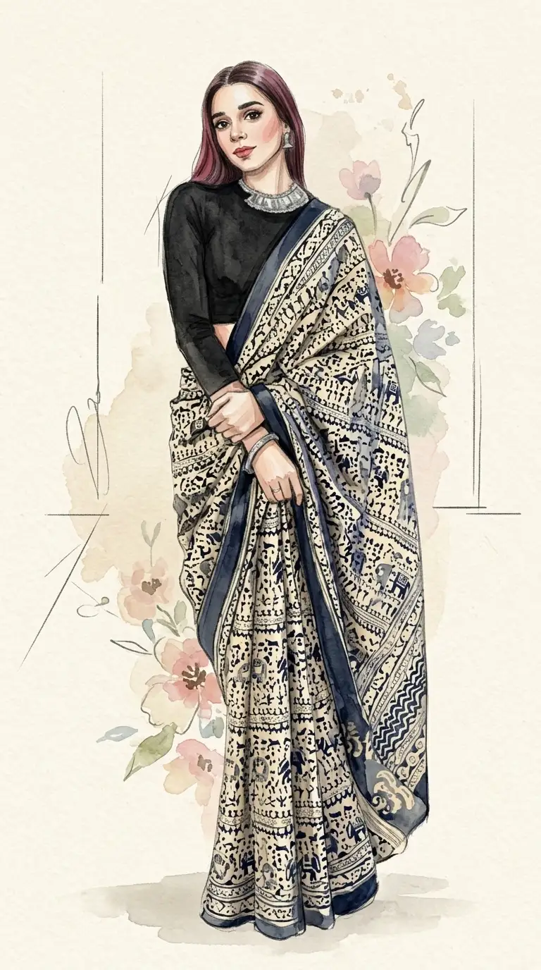 Artistic Kalamkari print saree in a contemporary Gen Z outfit