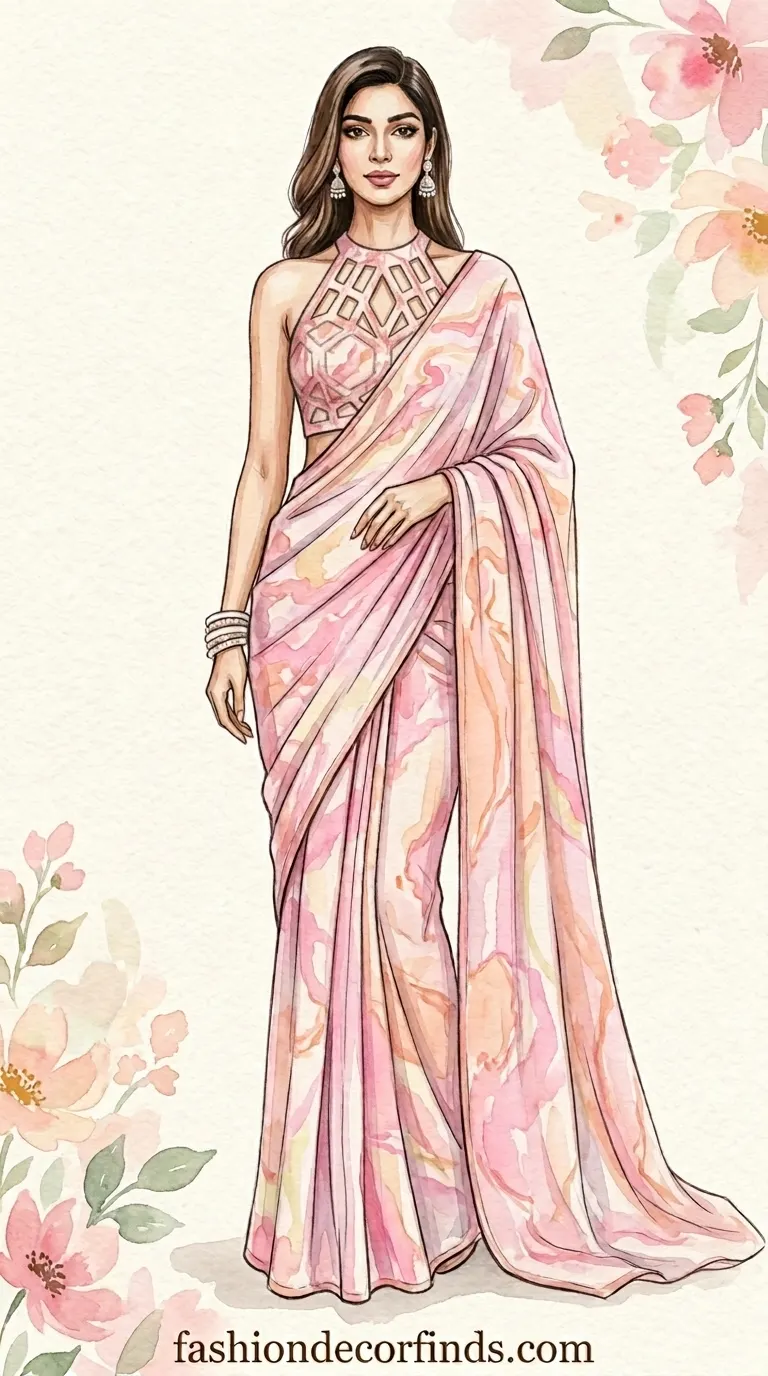 Elegant marble print saree paired with minimalist accessories