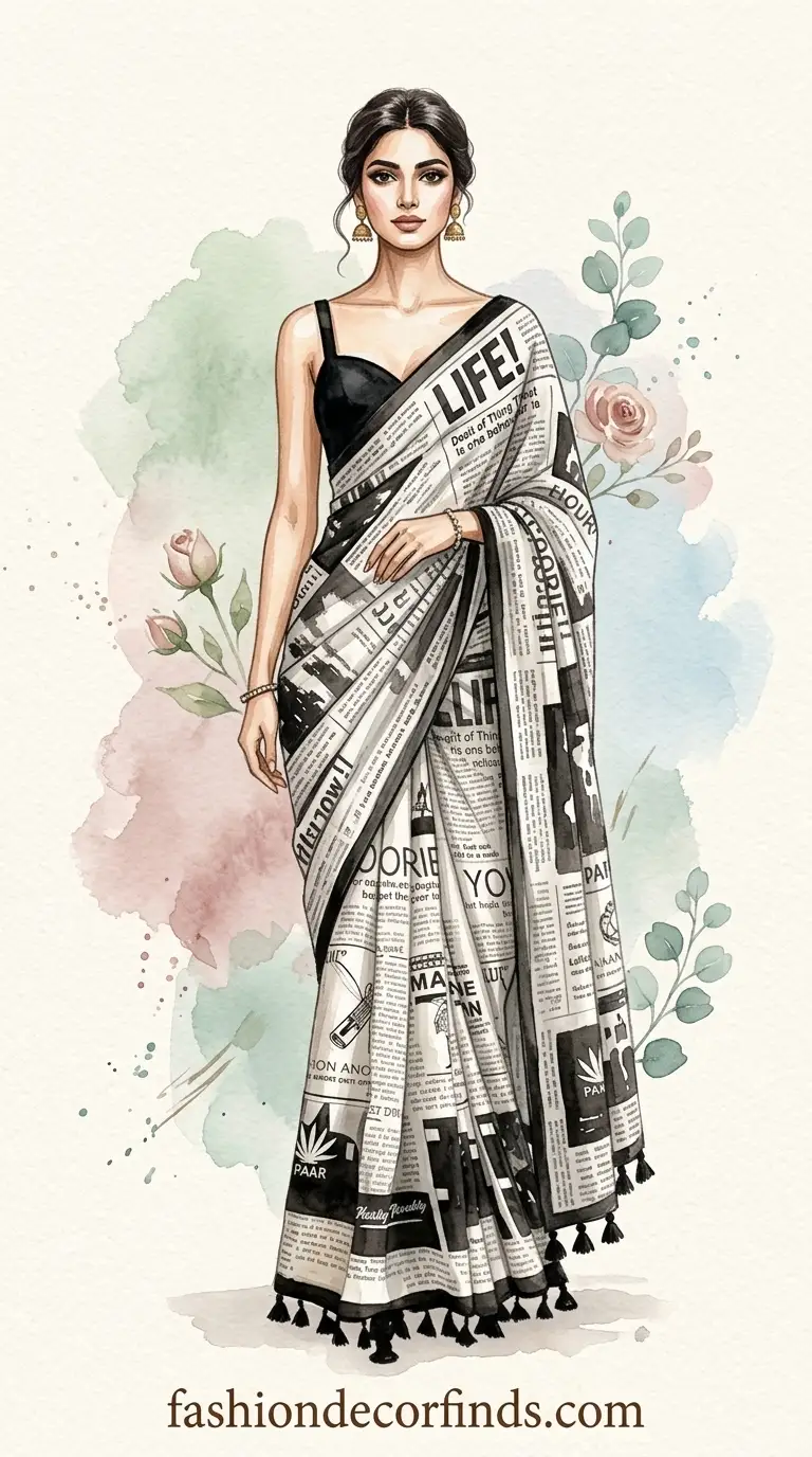 Fashion-forward newspaper print saree for trendy Gen Z styling