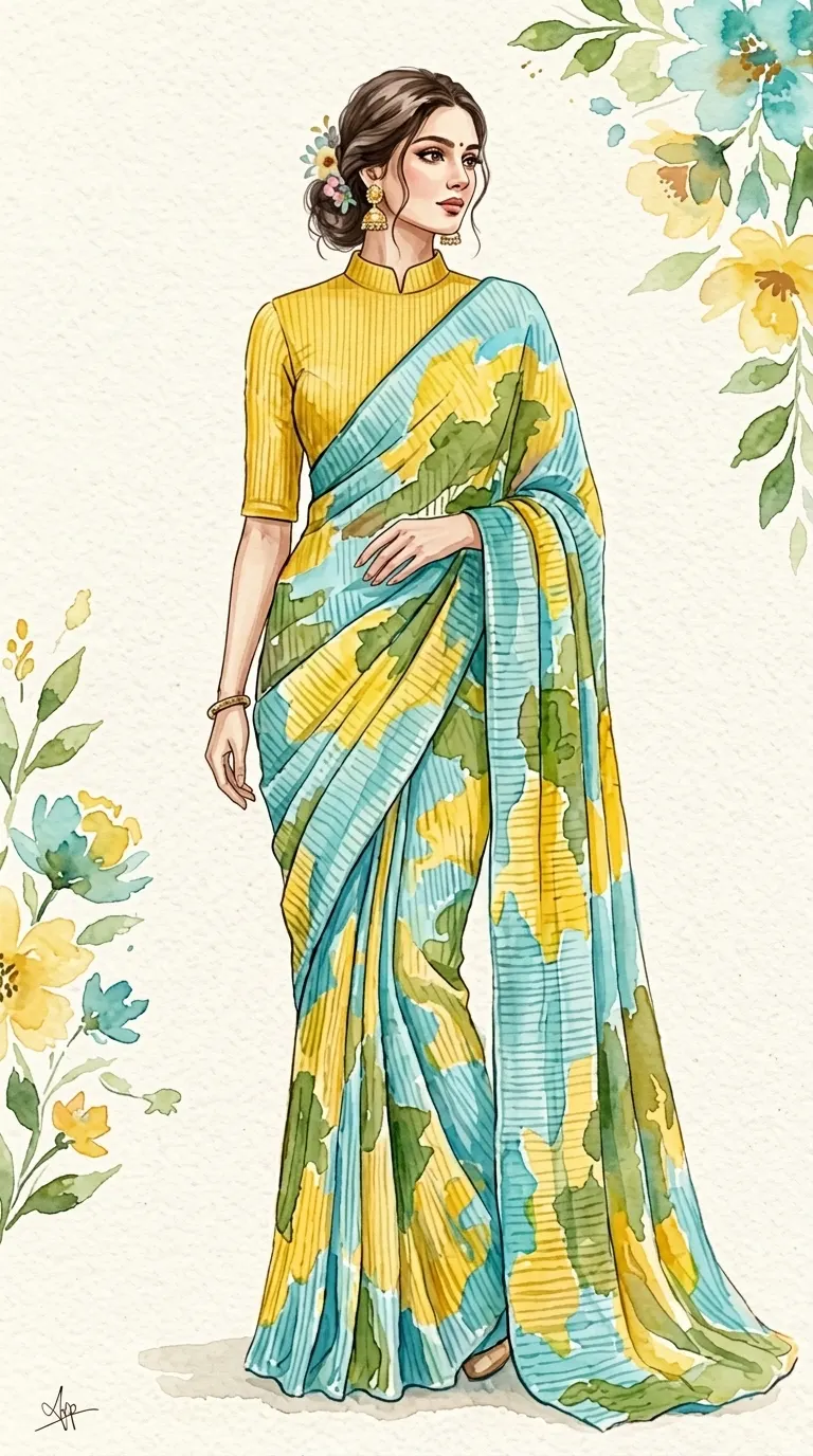 Elegant watercolor print saree for a chic Gen Z look