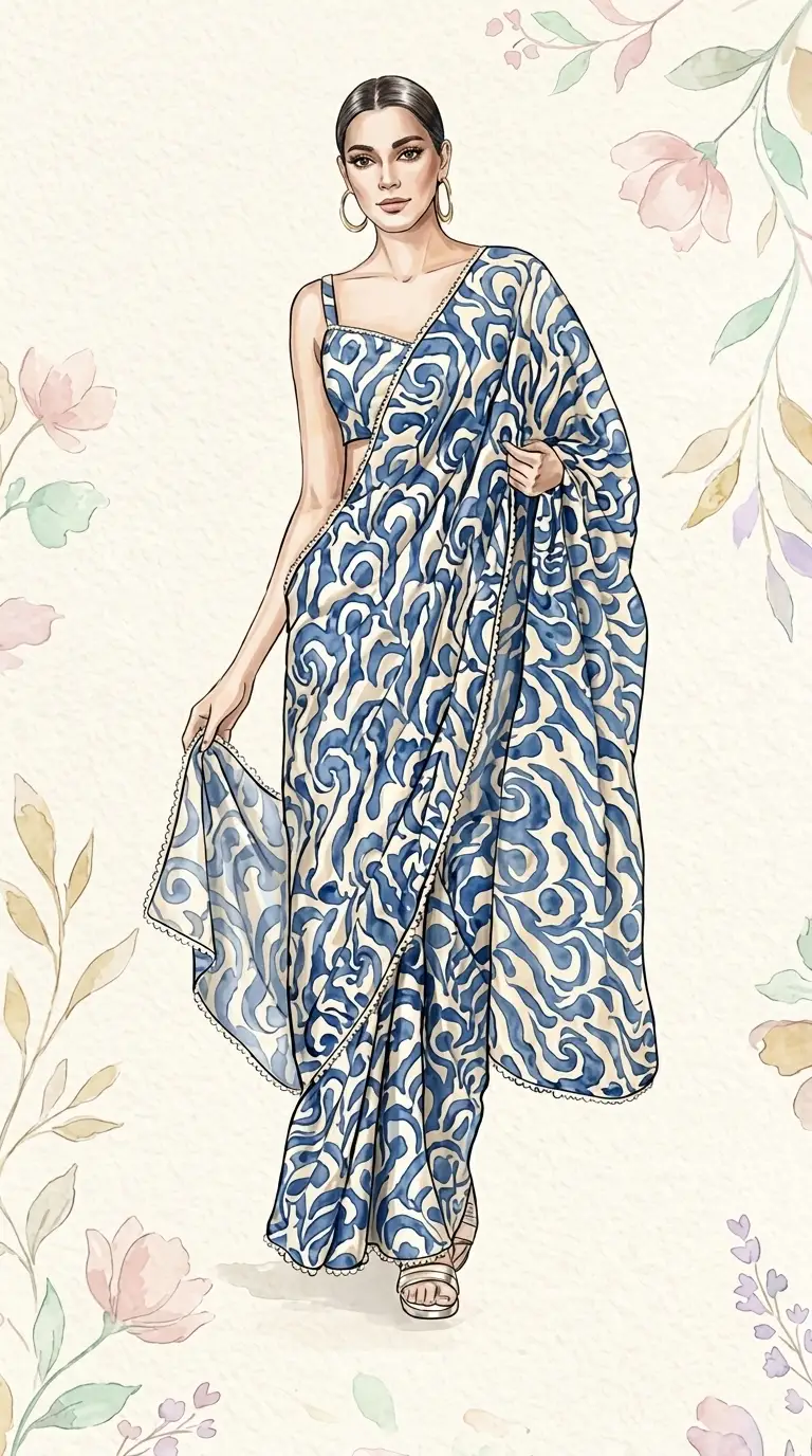 Modern abstract print saree styled for Gen Z fashion