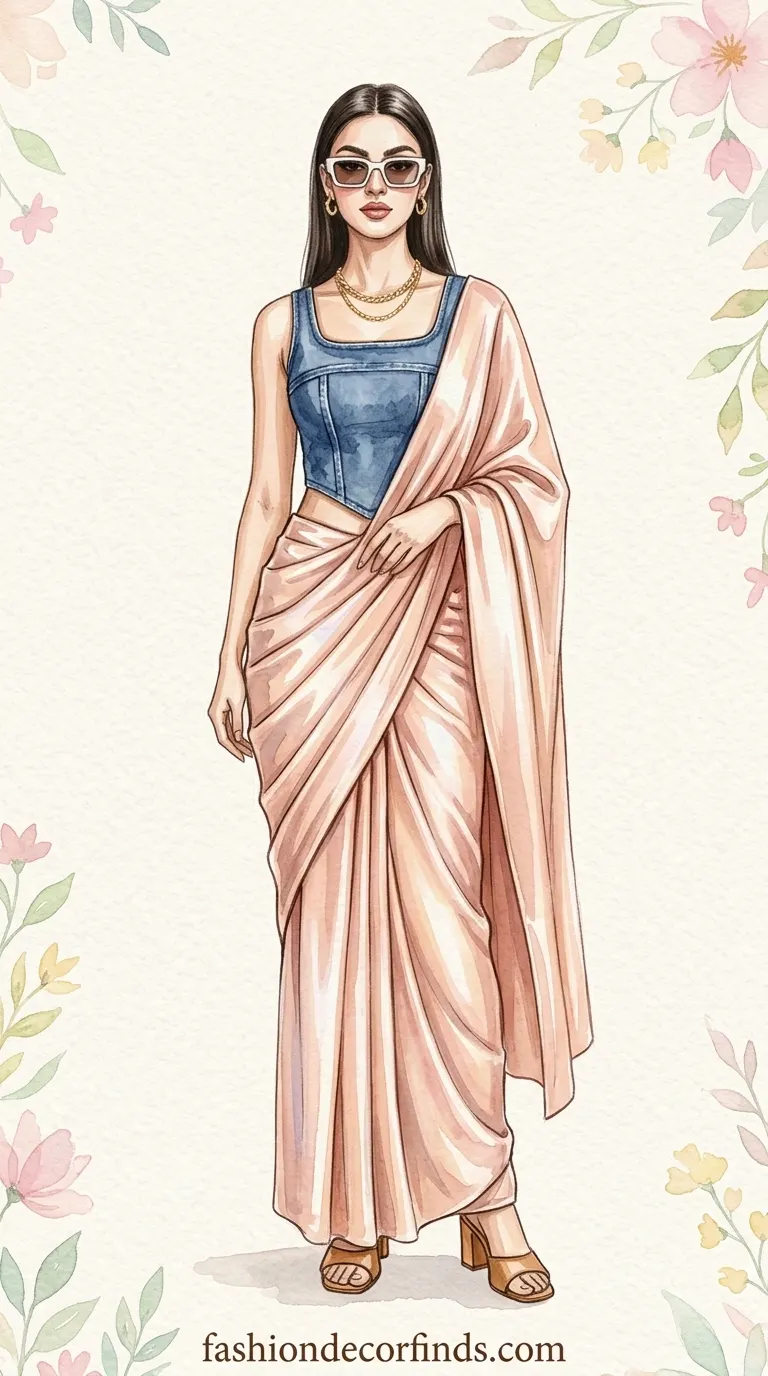 denim corset blouse with satin saree