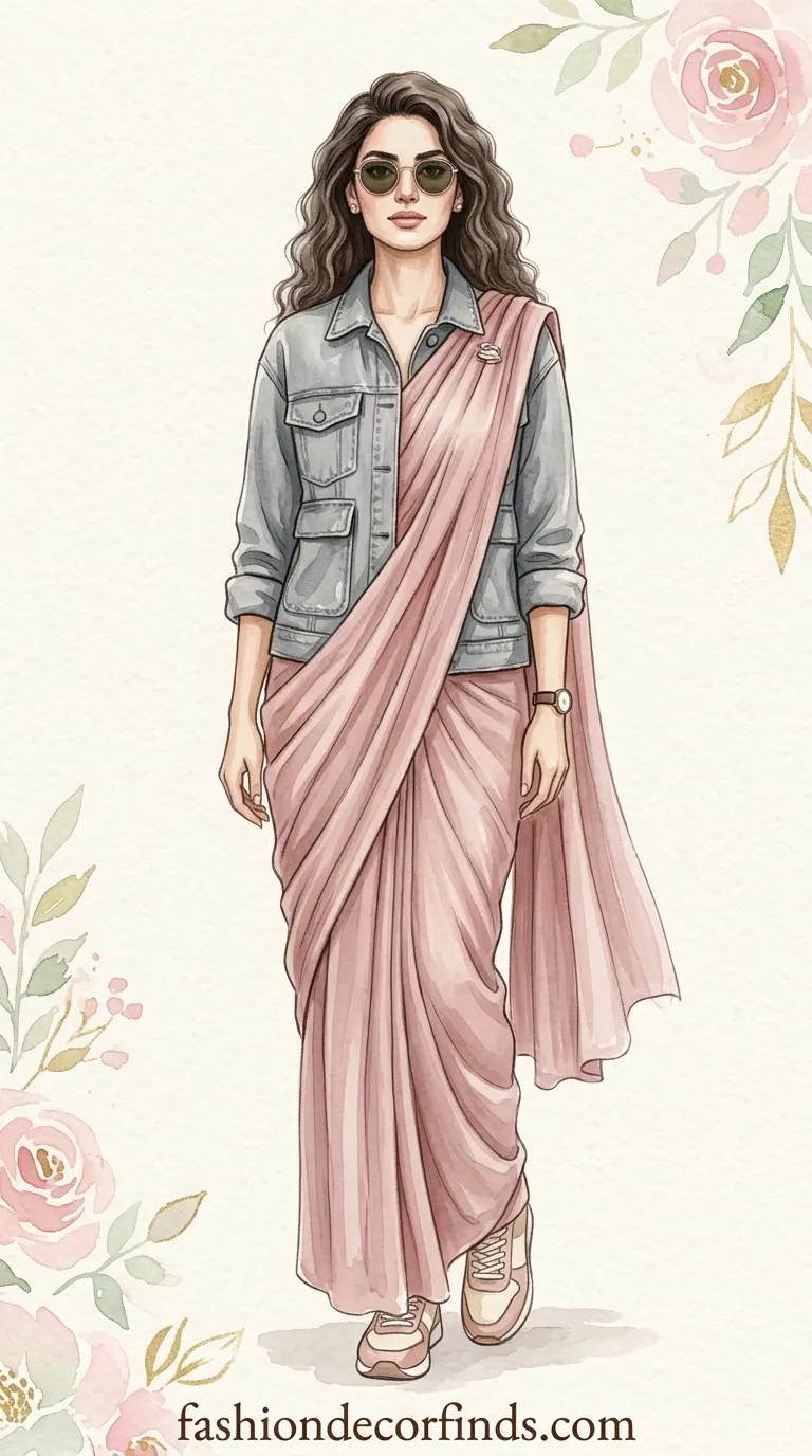 denim blouse saree office look