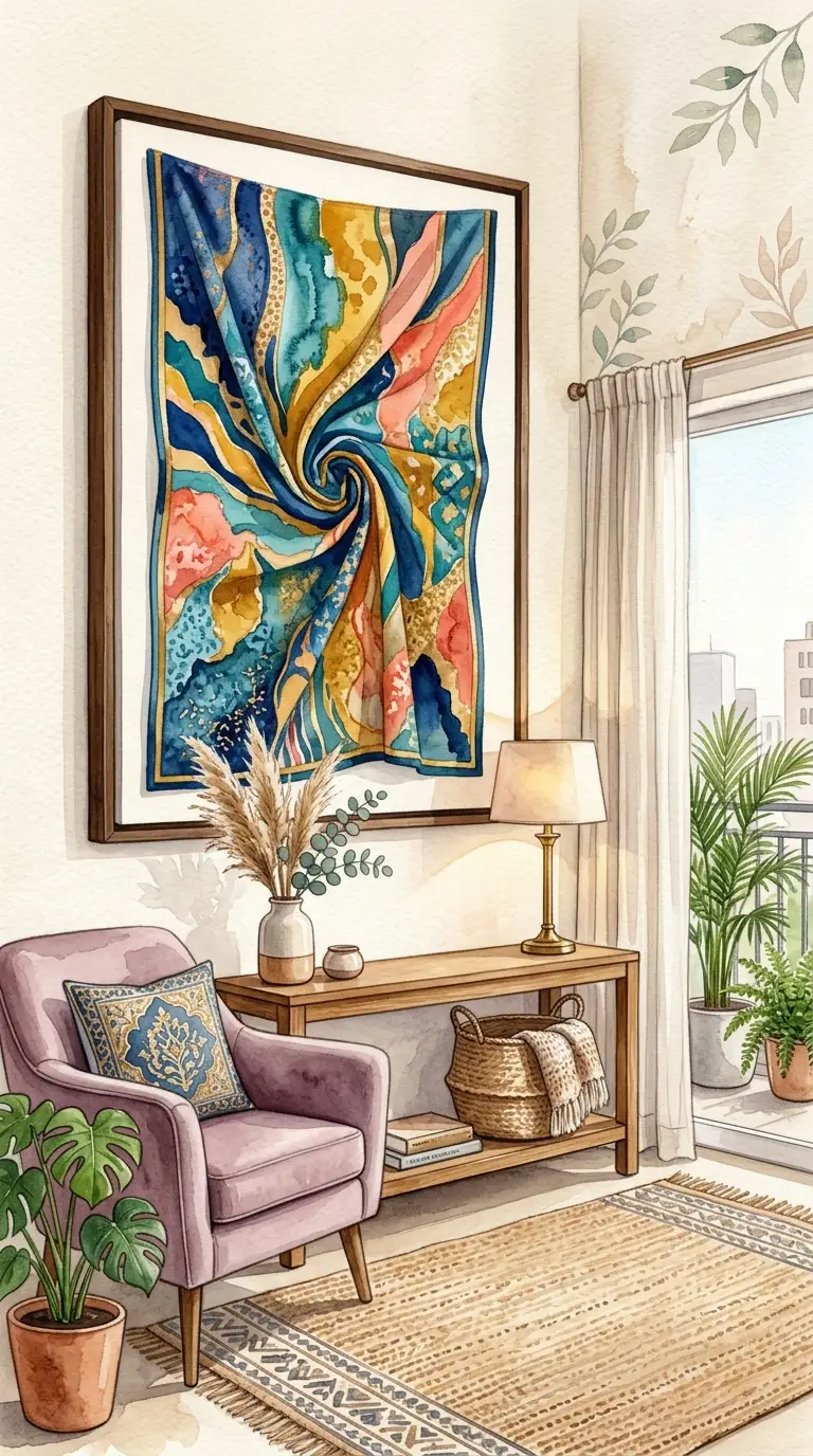 Old dupatta pieces arranged as abstract canvas frame wall art for living room