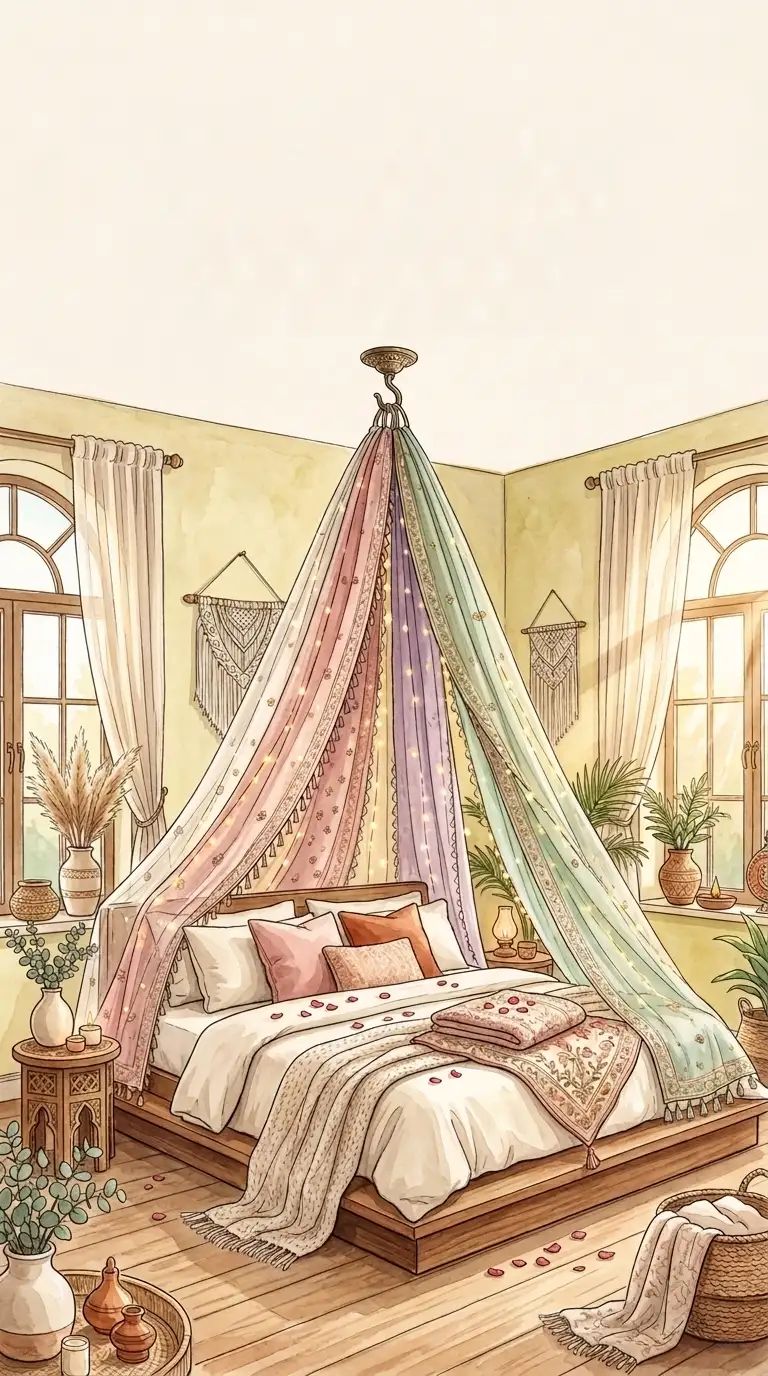 Old dupatta ceiling canopy with fairy lights for dreamy romantic bedroom decor