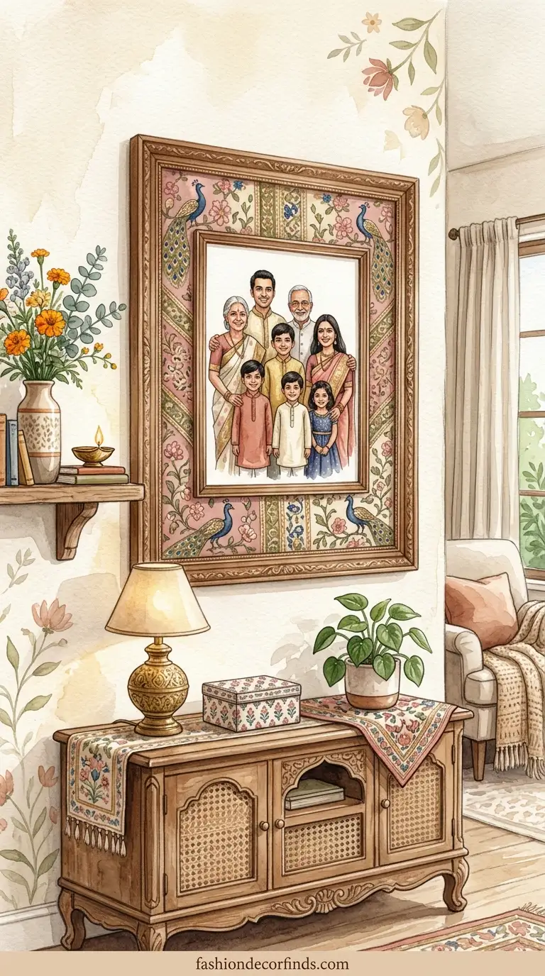 Old heirloom dupatta used as background for family photo wall display at home