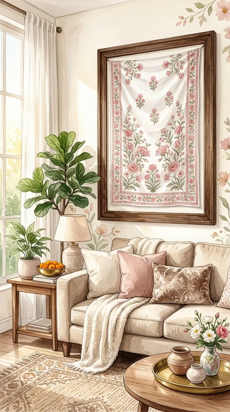dupatta in floating wooden frame as luxury wall art for home decor