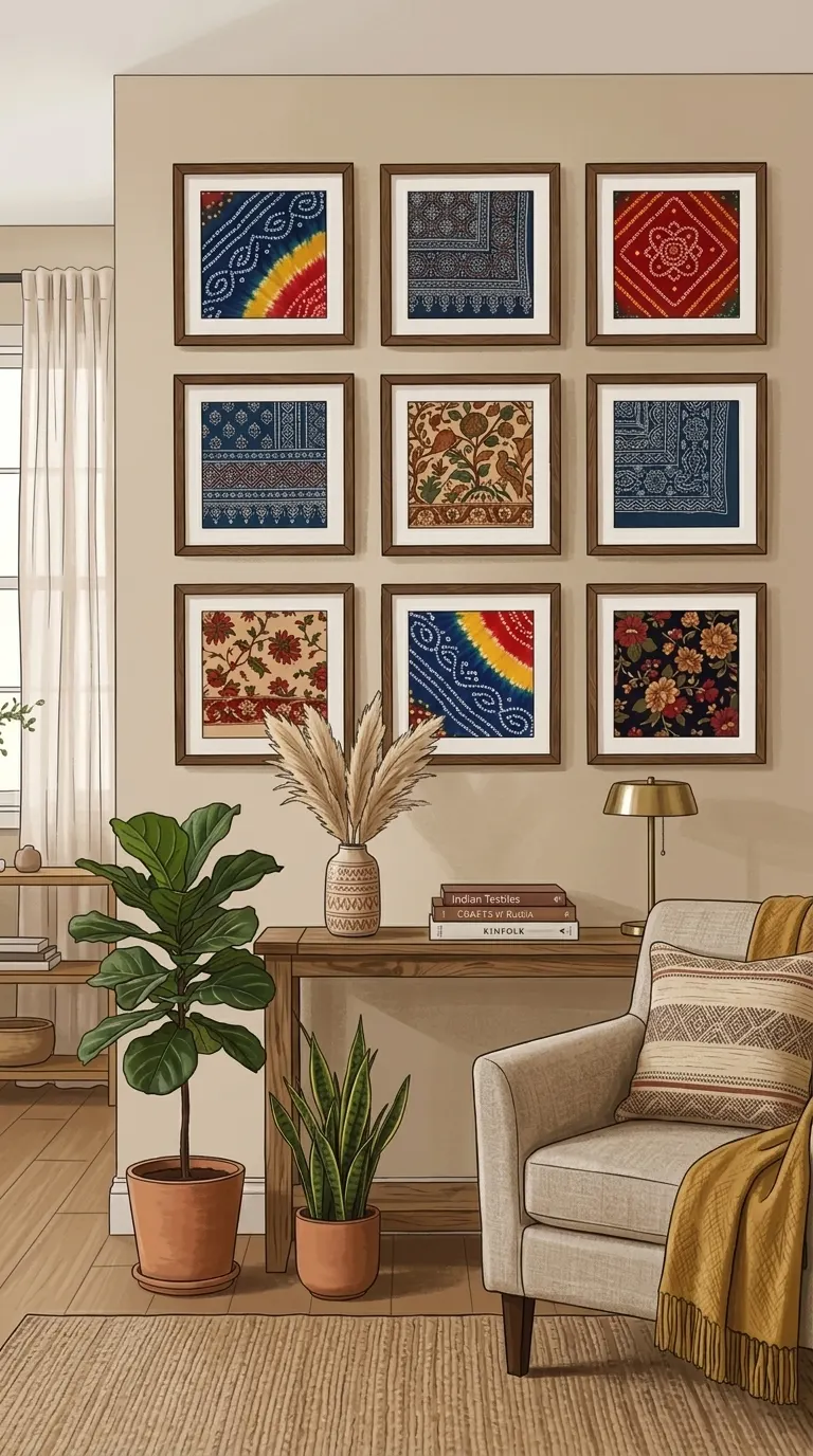Mixed dupatta fabrics in matching frames arranged as gallery wall for living room