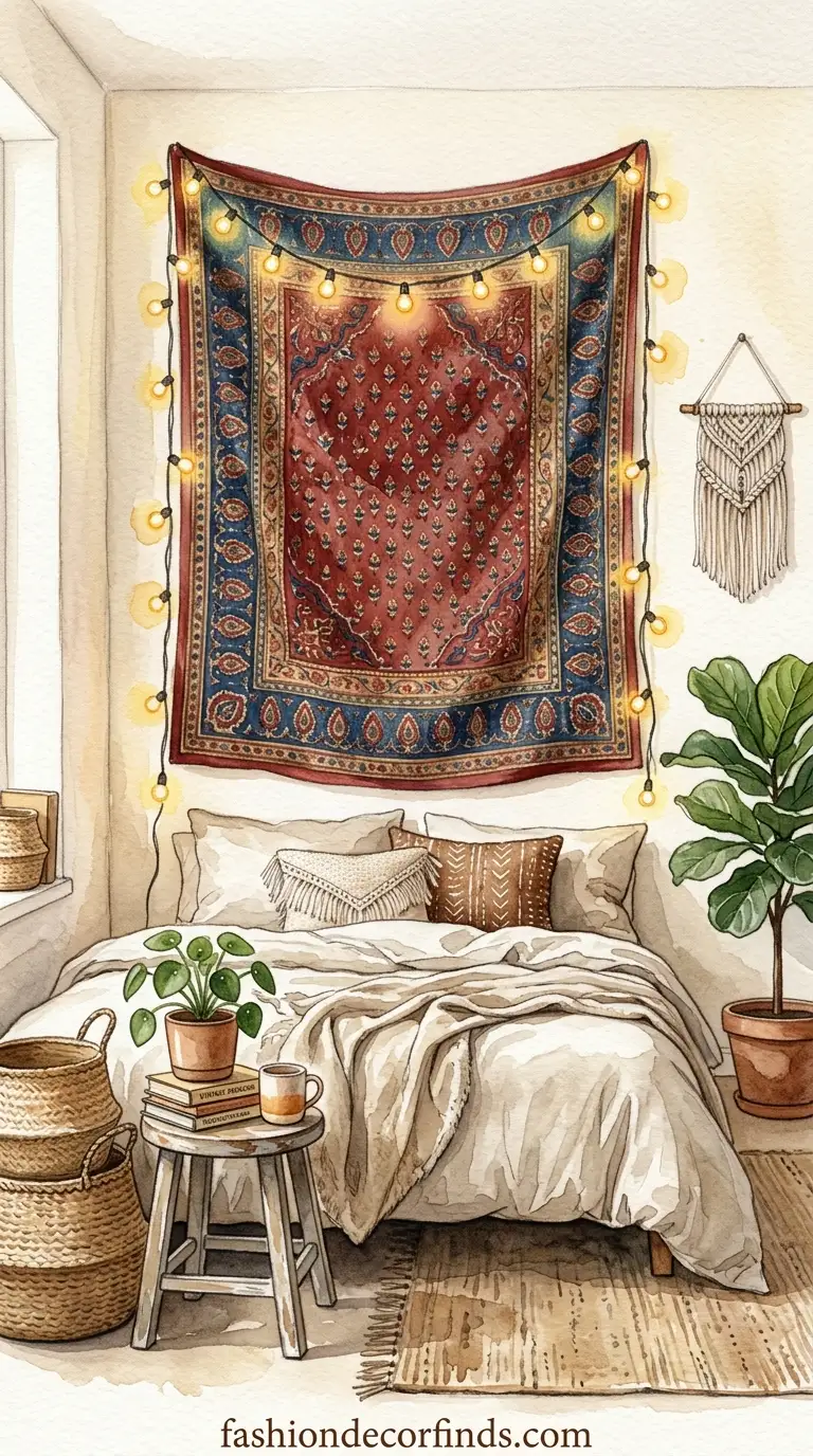 Old dupatta hanging tapestry with warm fairy lights for cozy bedroom wall decor
