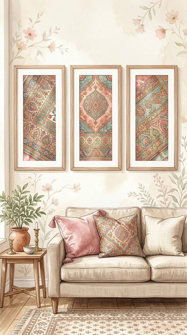 Three matching framed dupattas as triptych gallery wall decor for living room