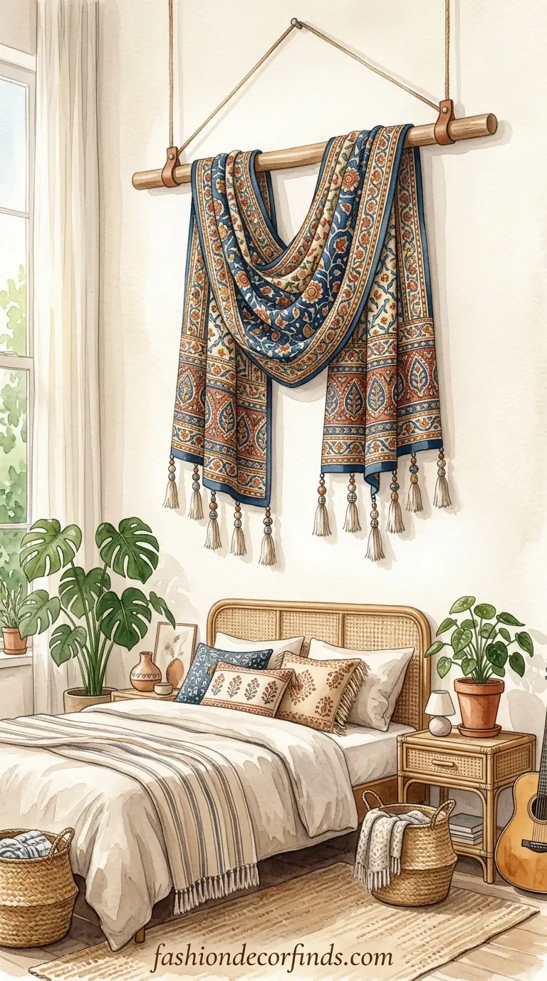Old dupatta hanging from wooden dowel as boho textile wall art for bedroom decor