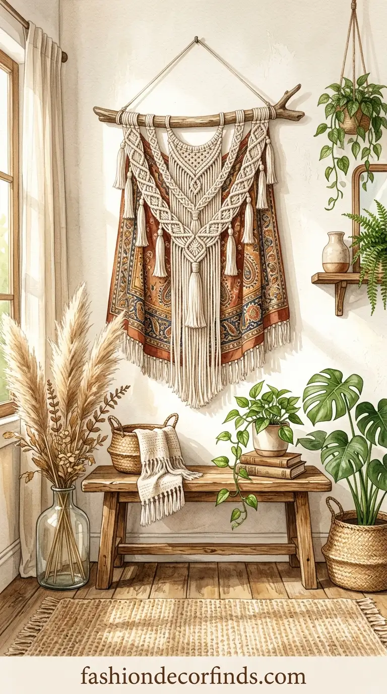 Old dupatta woven with macramé wall hanging for boho bedroom decor idea
