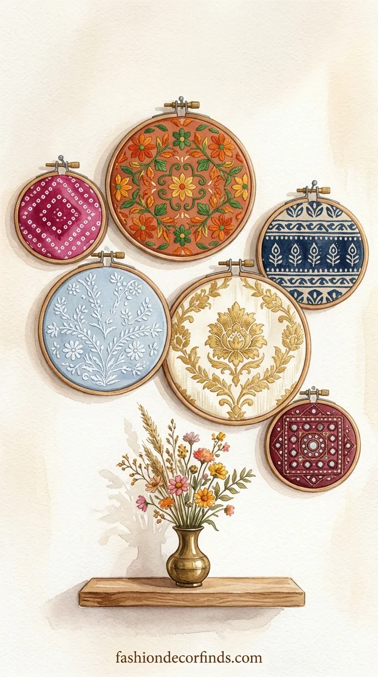 Old dupatta displayed in natural wooden embroidery hoop wall art for living room decor