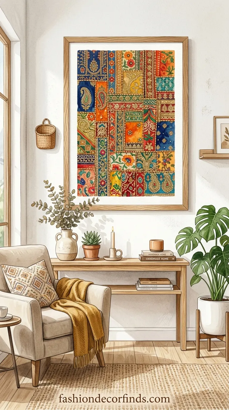 Old dupattas combined into patchwork wall art for sustainable Indian home decor