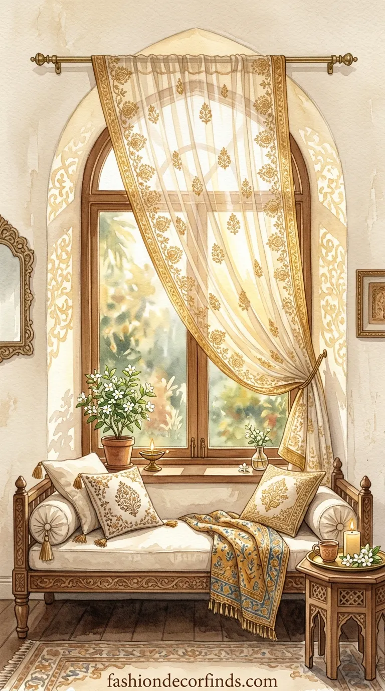Old chiffon dupatta used as sheer window panel drape for boho room decor idea