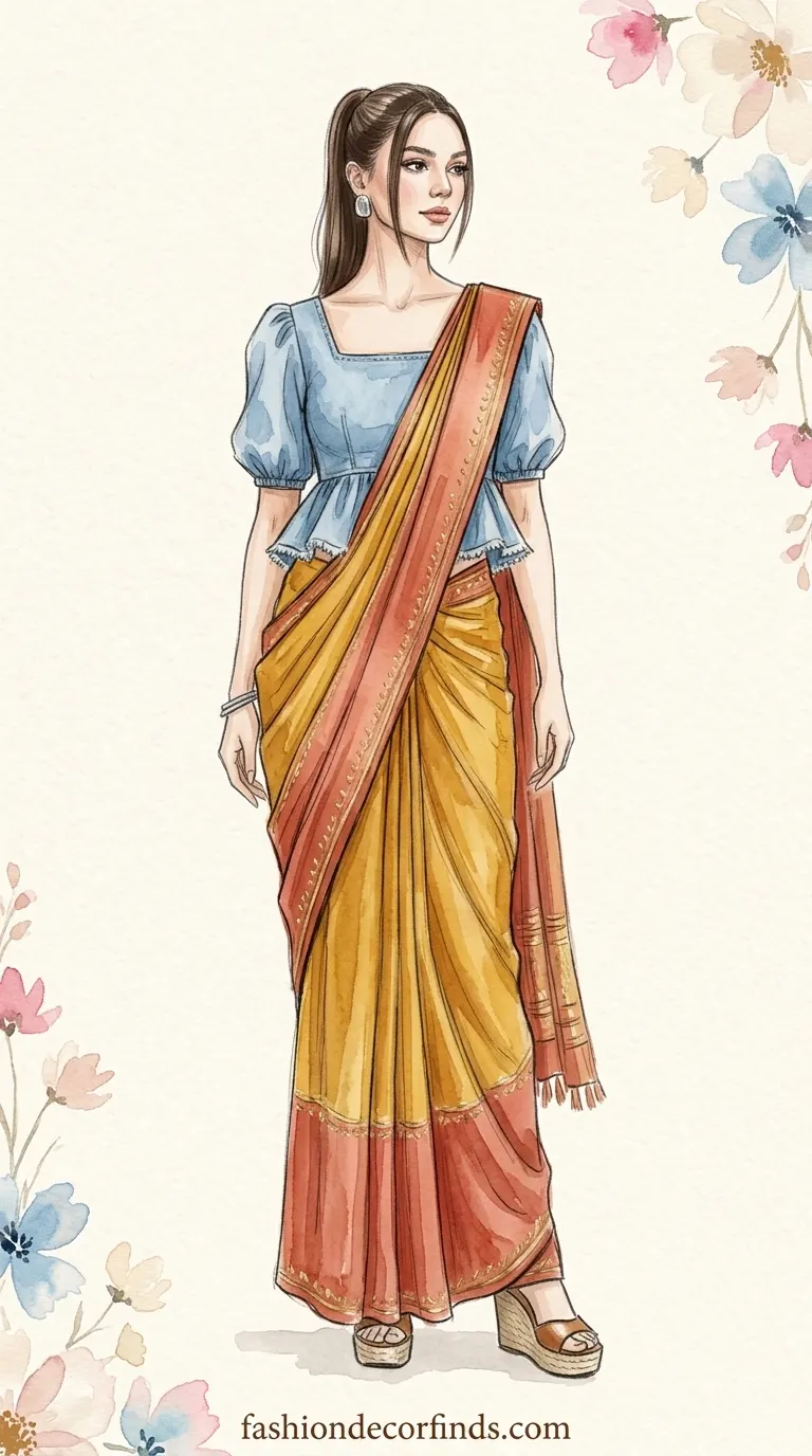 puff sleeve denim blouse with georgette saree