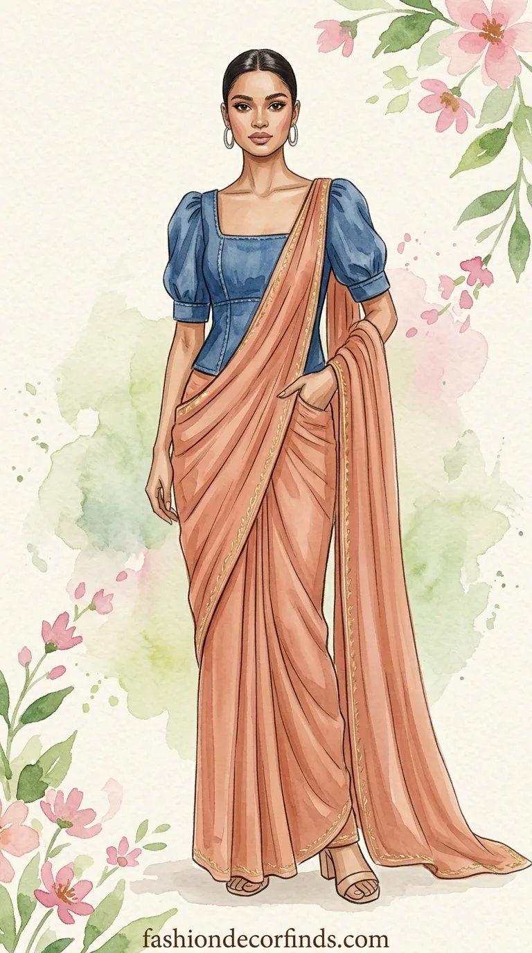 denim blouse georgette saree