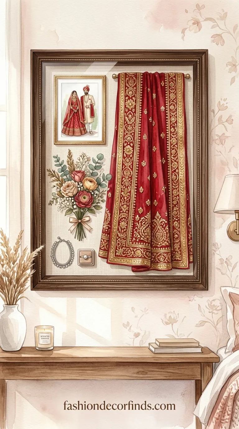 Wedding dupatta displayed in shadow box memory frame as sentimental wall decor