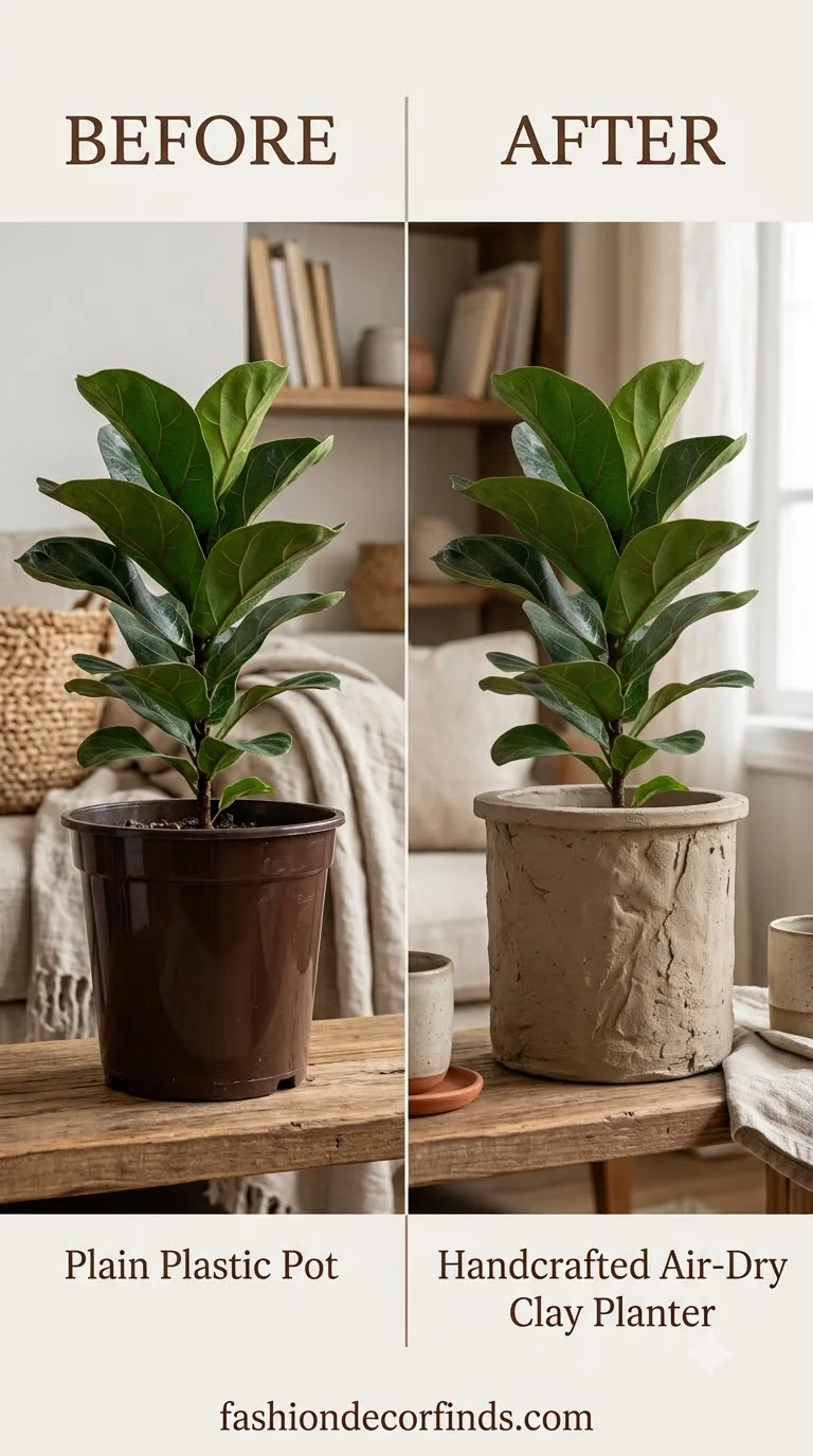 Air Dry Clay plastic pot before and after transformation