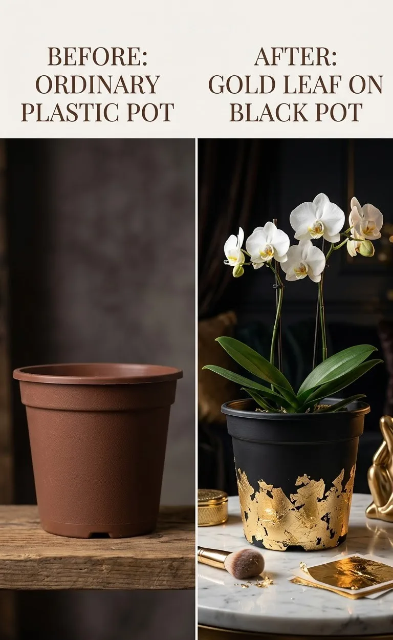 Gold leaf application plastic pot before and after transformation