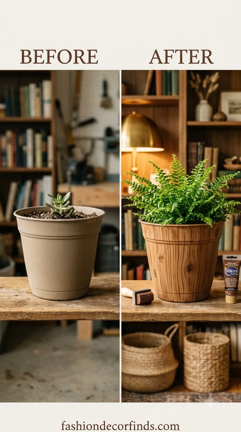 Wood grain effect plastic pot before and after transformation