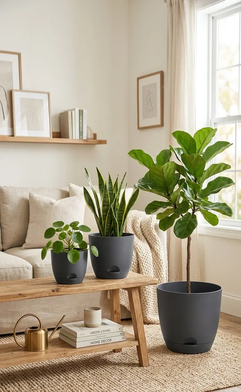 Affordable plastic pots styled together as a decorative plant collection