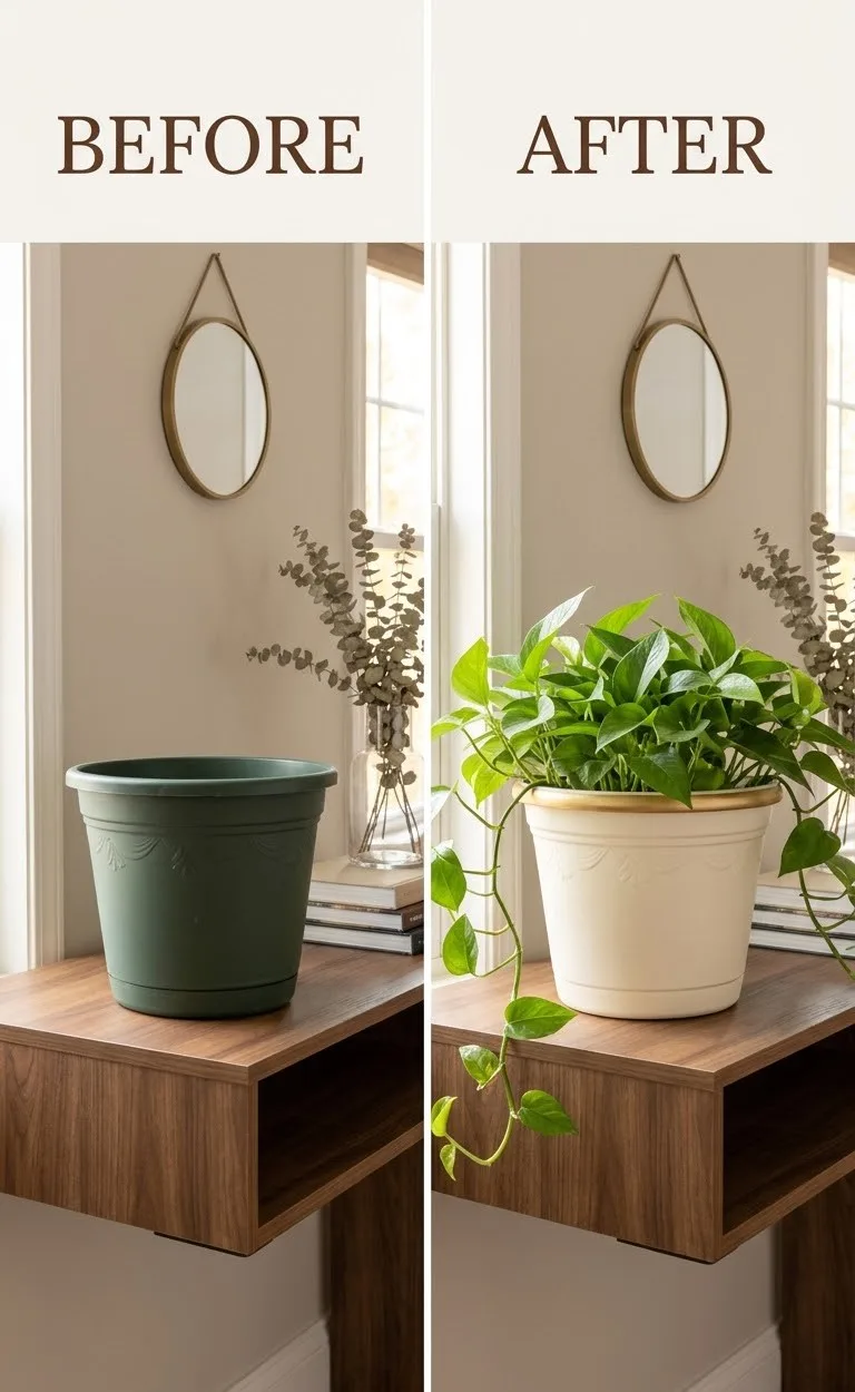 Plastic planter with an elegant gold decorative accent