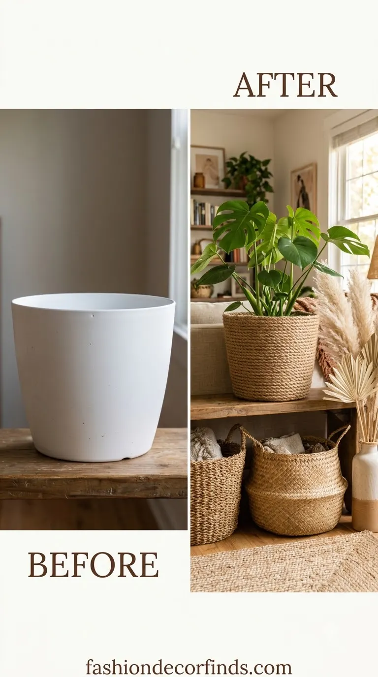 Plastic pot wrapped with natural jute for a boho look