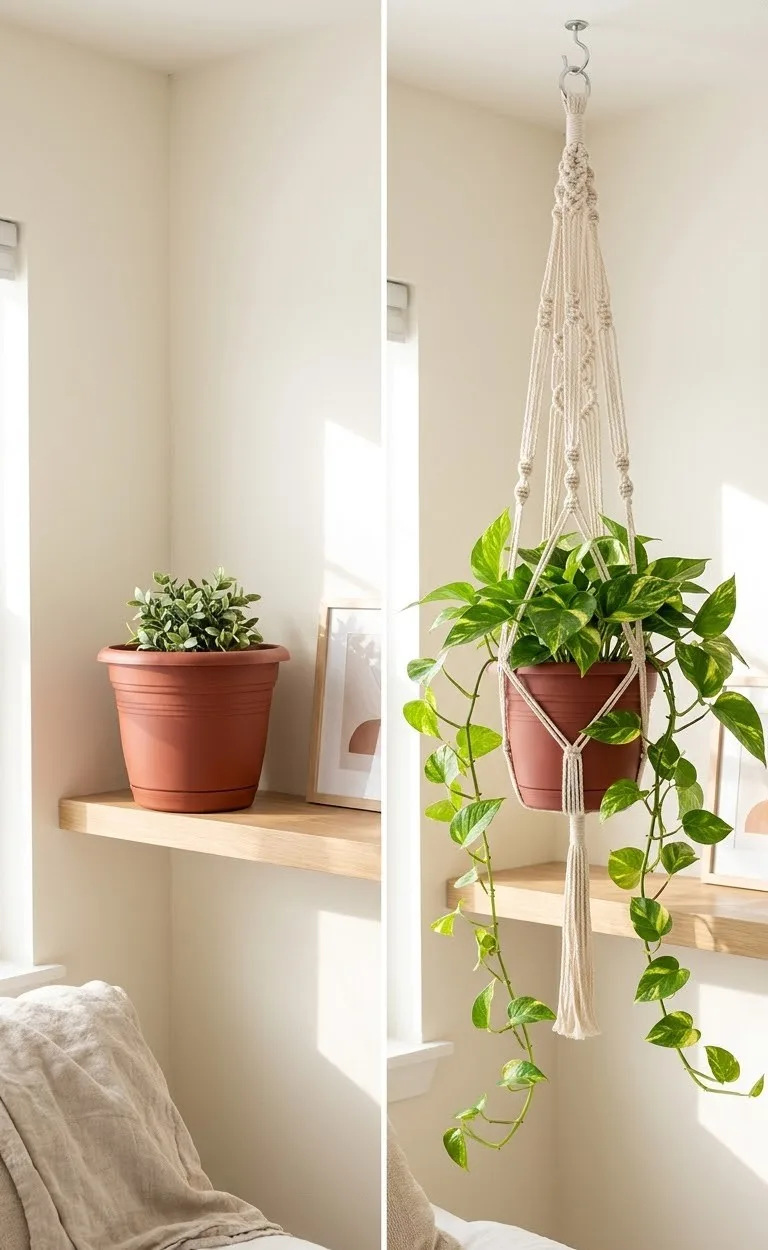 Plastic pot transformed into a macrame hanging planter