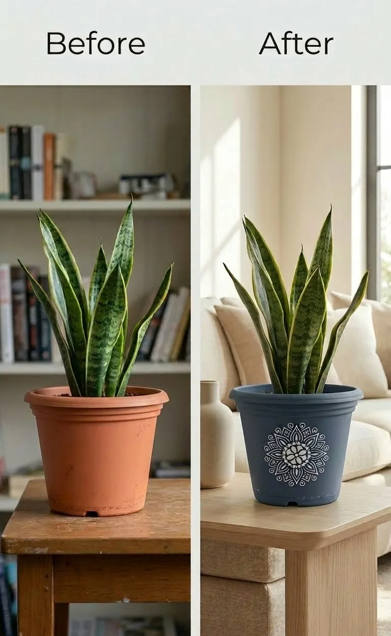 Stencil art plastic pot before and after transformation