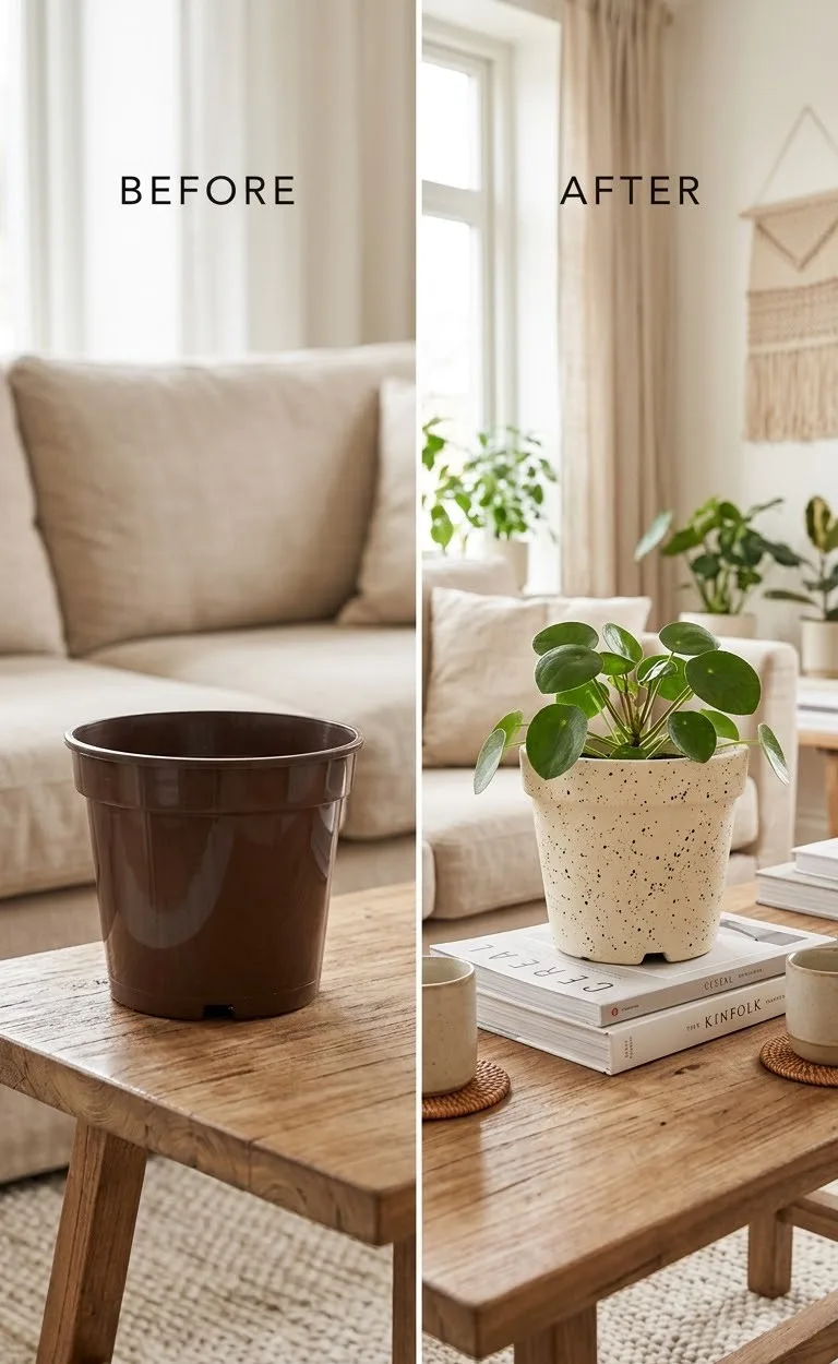 Plastic pot styled to look like a speckled ceramic planter