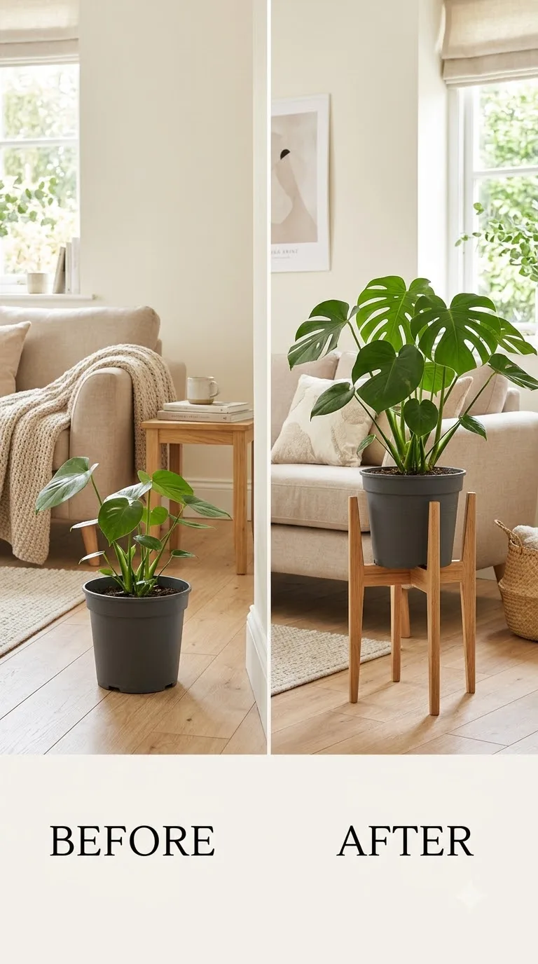 Plastic plant pot elevated on a wooden plant stand