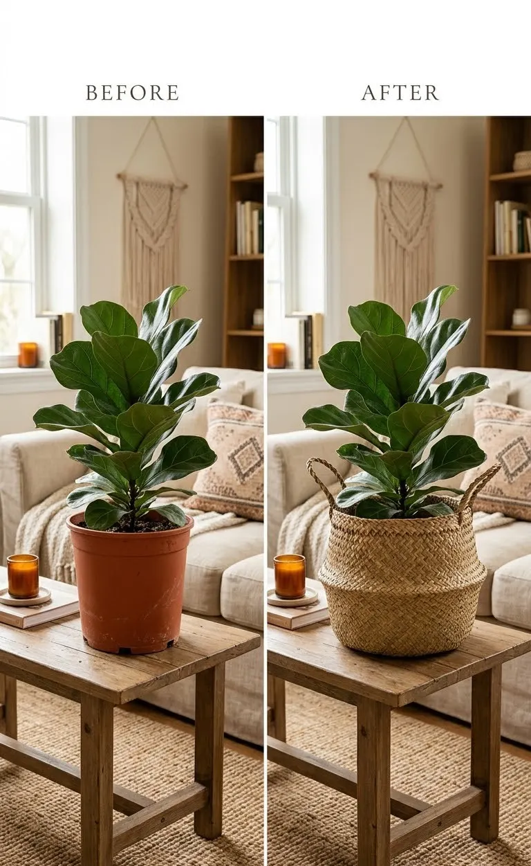Plastic plant pot styled inside a woven basket planter